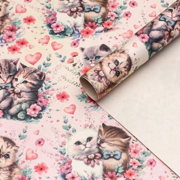 Бумага подарочная упаковочная крафтовая Котята, 70см х100см
