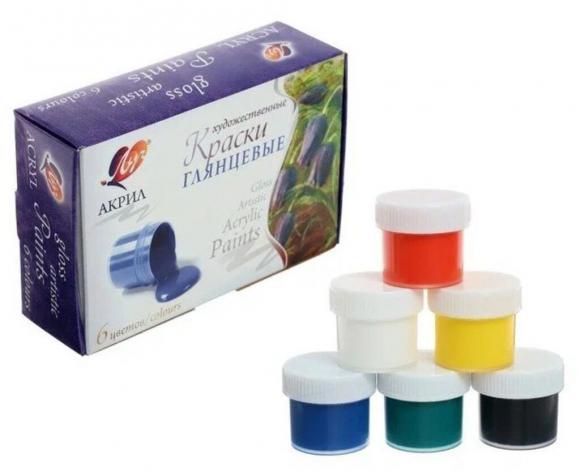 Акриловые краски набор 6 цветов, глянцевые