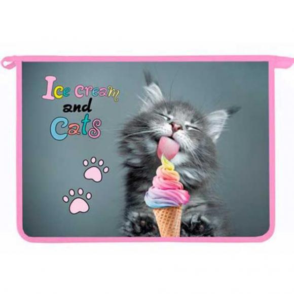 Папка для тетрадей на молнии А4 Котёнок с мороженкой 340*240*45мм, пластик