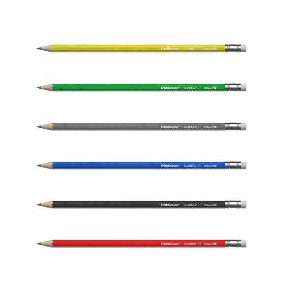 Карандаш простой HB ErichKrause Classic 101 с ластиком, чернографитный, пластиковый, шестигранный