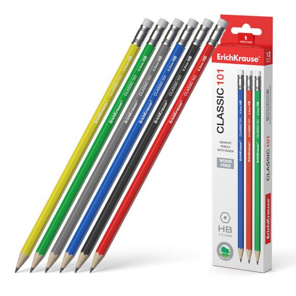 Карандаш простой HB ErichKrause Classic 101 с ластиком, чернографитный, пластиковый, шестигранный