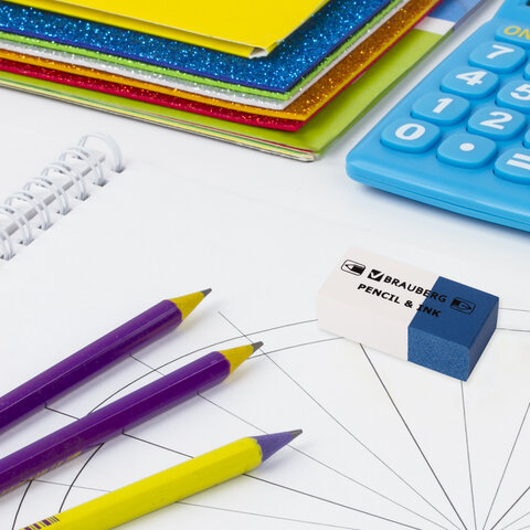 Ластик для ручки и карандаша, бело-синий, BRAUBERG PENCIL & INK, 39х18х12 мм