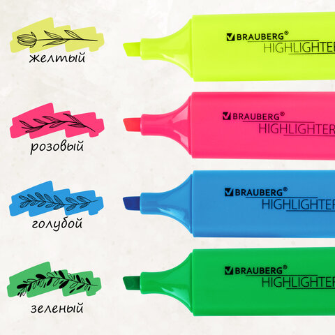 Набор текстовыделителей 4 ЦВЕТА, BRAUBERG ORIGINAL NEON, линия письма 1-5 мм