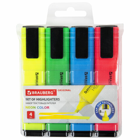 Набор текстовыделителей 4 ЦВЕТА, BRAUBERG ORIGINAL NEON, линия письма 1-5 мм