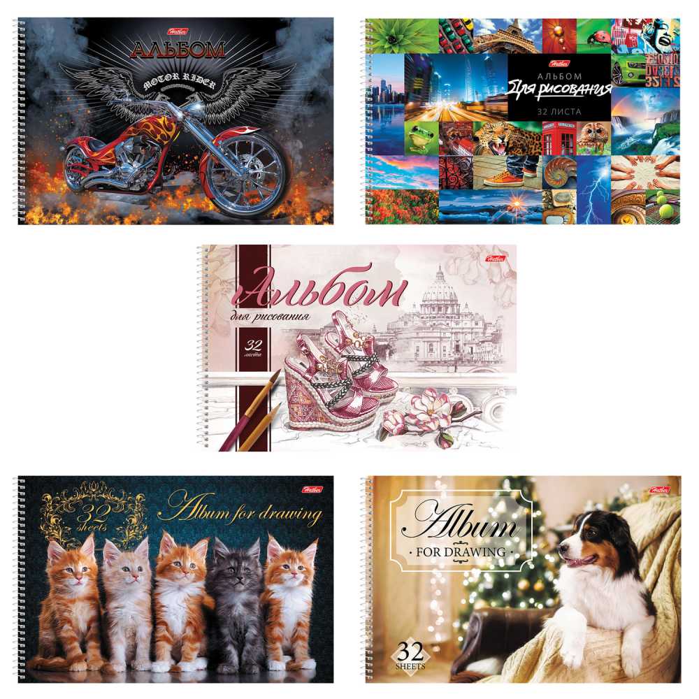 Альбом для рисования, А4, 32 листа, спираль, обложка картон, HATBER, 205х300 мм, Ассорти