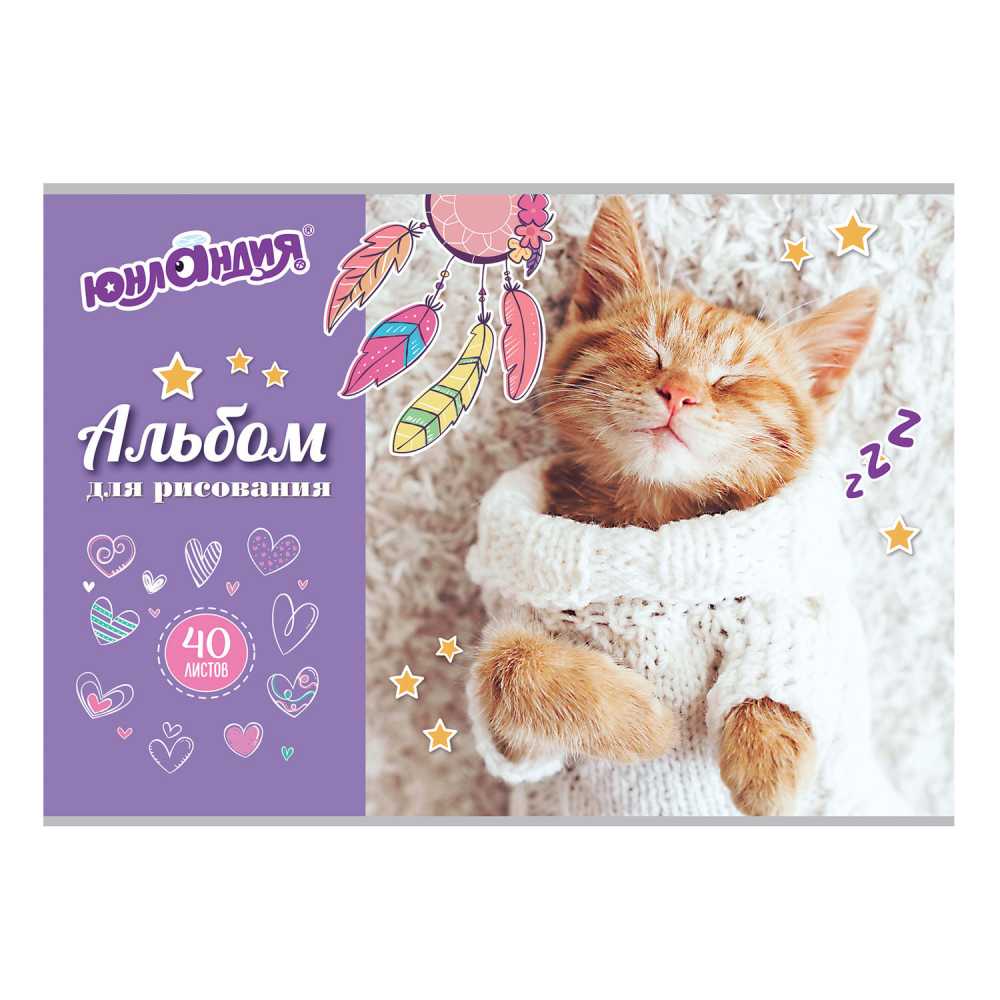 Альбом для рисования, А4, 40 листов, скоба, обложка картон, 202х285 мм, Кот в свитере