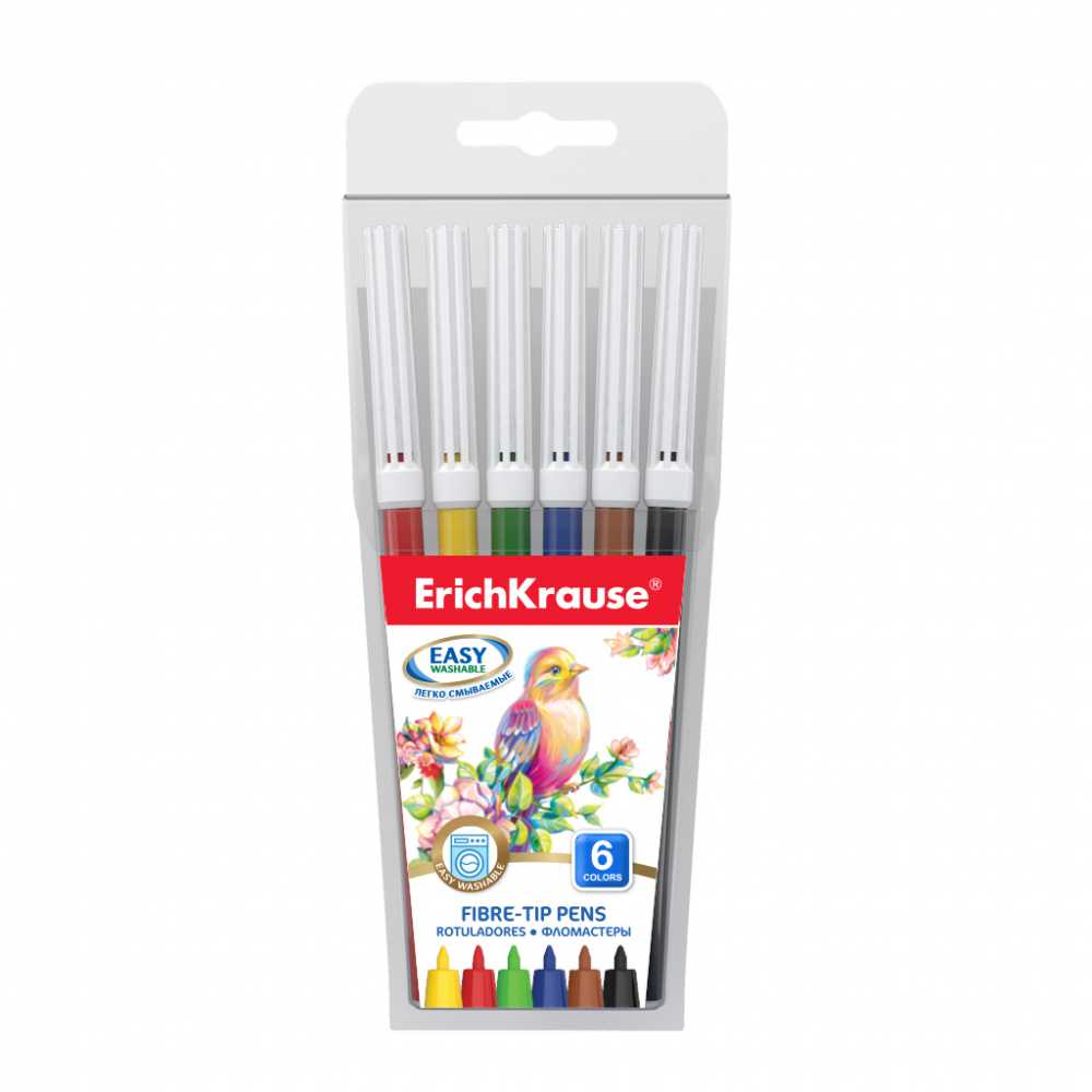 Фломастеры 6 цветов ErichKrause Easy Washable, вентилируемый колпачок, блистер