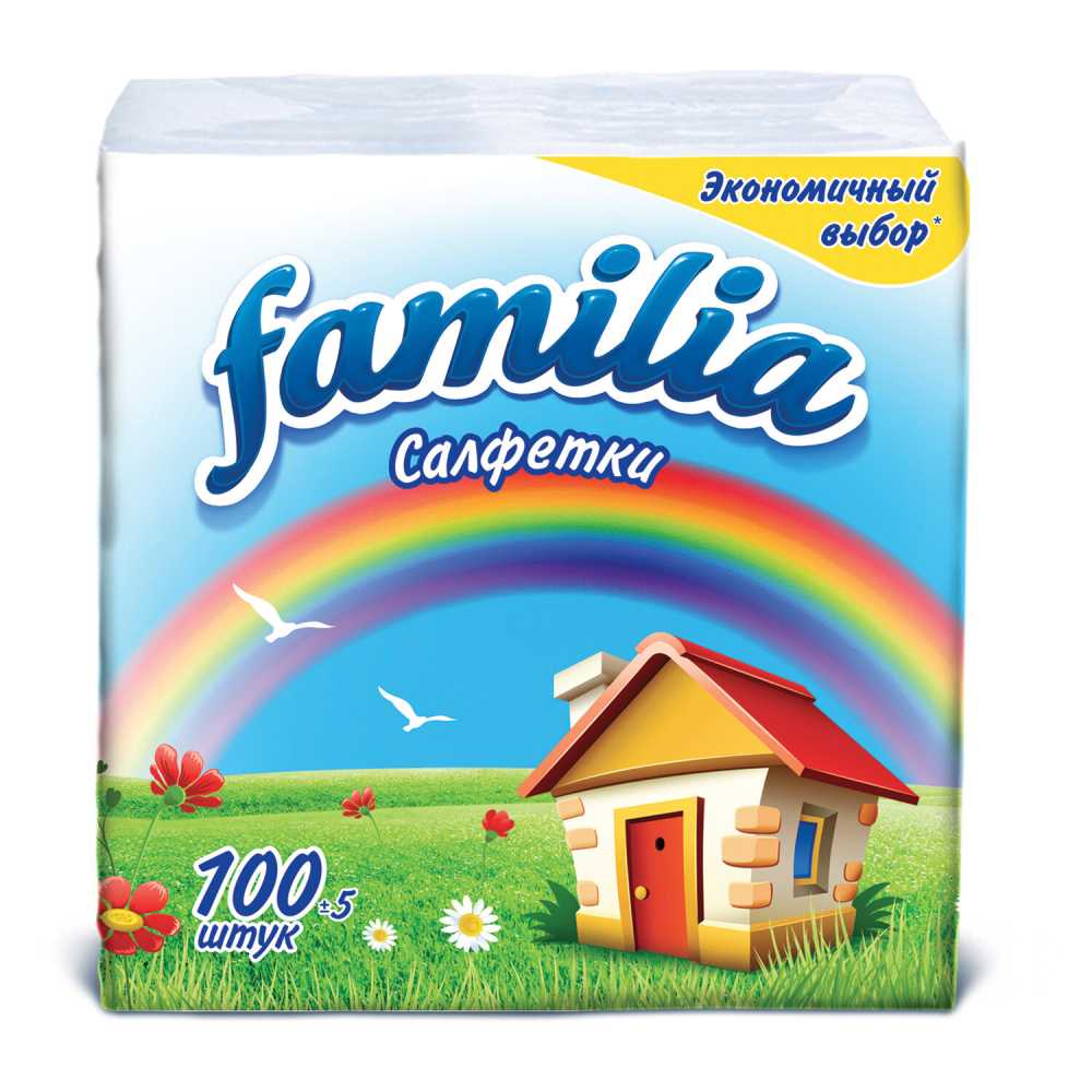 Салфетки бумажные 24x23 см, FAMILIA, 100 листов, белые, 100% целлюлоза, 1 шт
