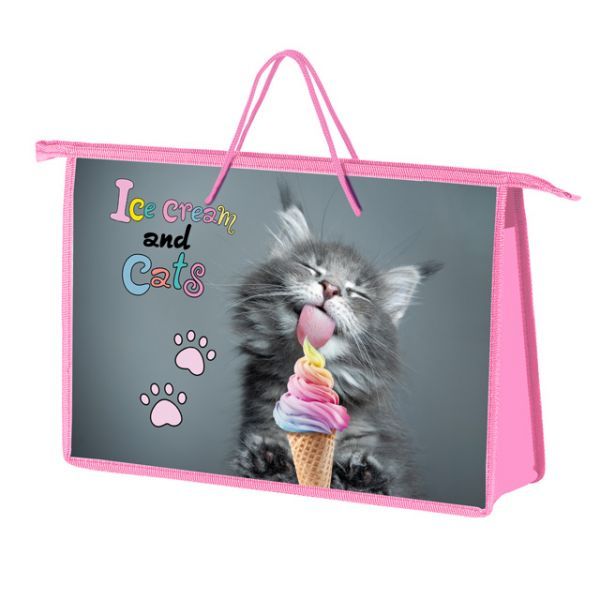 Папка А4 с ручками (340*245*75) молния, пластик Котёнок с мороженкой, Оникс