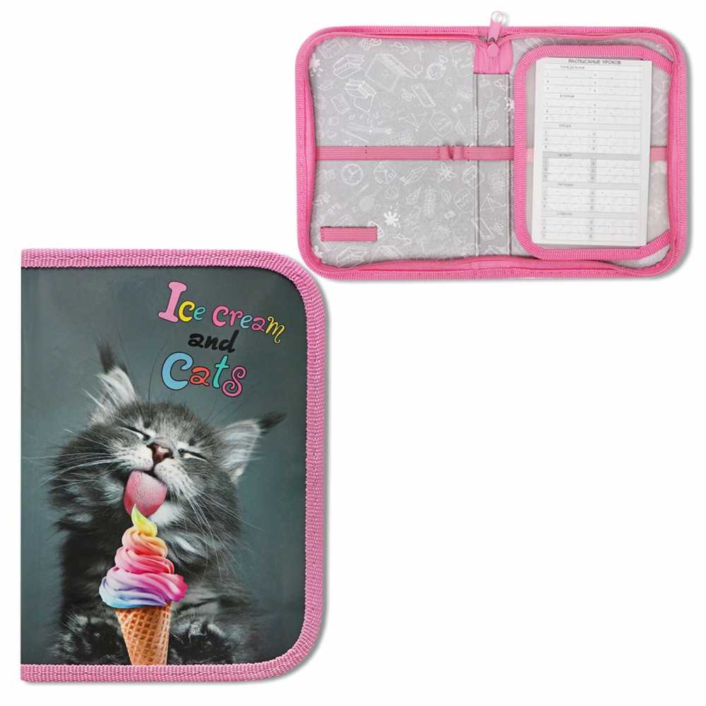 Пенал 1 отделение 190*130*27мм, откидная планка, молния, ламинированный картон, Котёнок с мороженкой