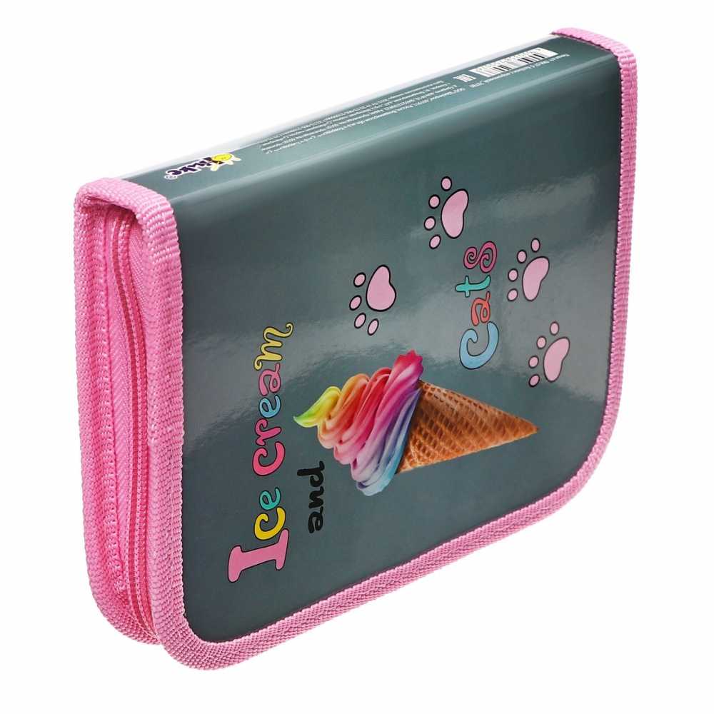 Пенал 1 отделение 190*130*27мм, откидная планка, молния, ламинированный картон, Котёнок с мороженкой