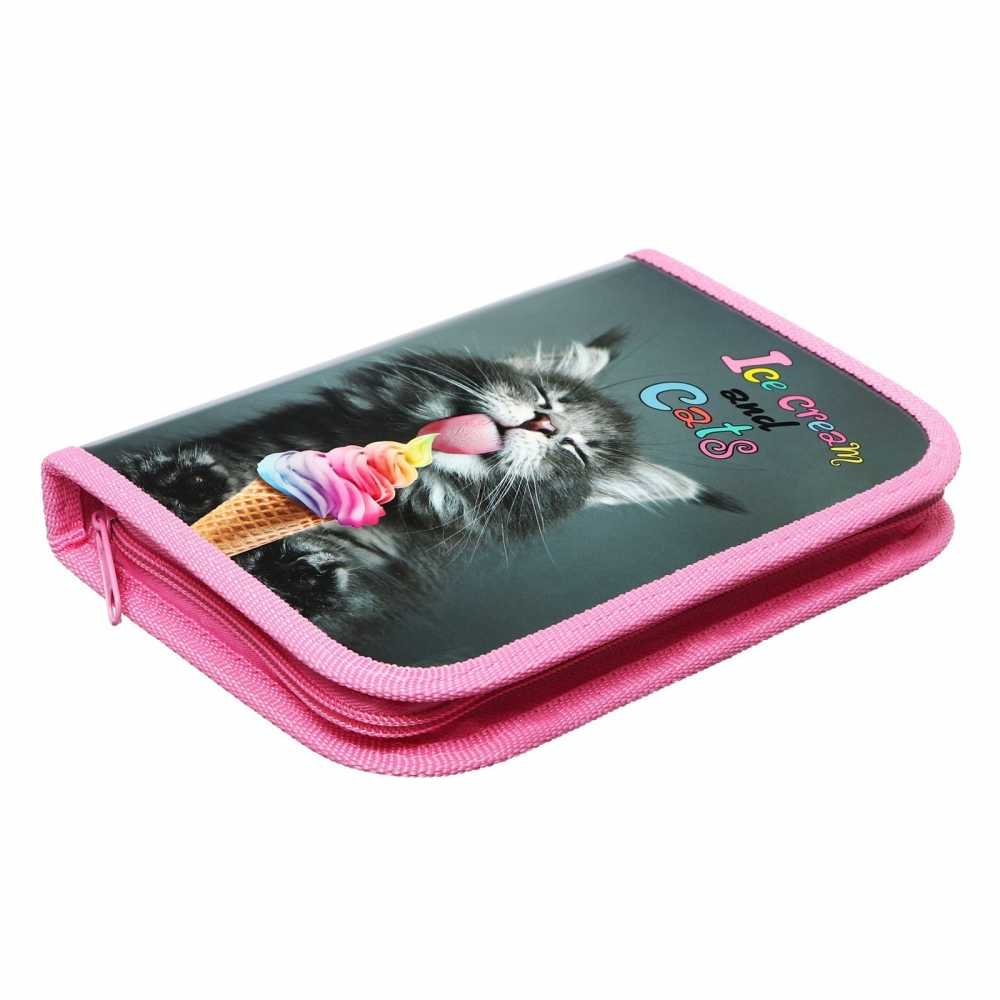 Пенал 1 отделение 190*130*27мм, откидная планка, молния, ламинированный картон, Котёнок с мороженкой