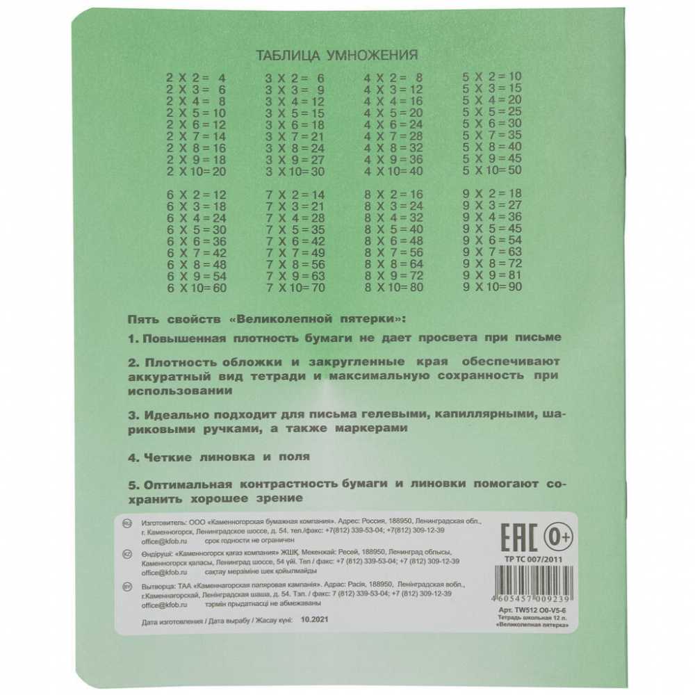 Тетрадь школьная в крупную клетку А5 12 листов, Великолепная 5, КФОБ, 1шт