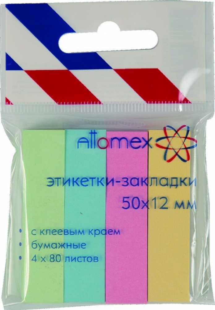 Закладки стикеры с липким краем ПАСТЕЛЬ бумажные, 4 цвета по 80 листов 50*12мм, Attomex