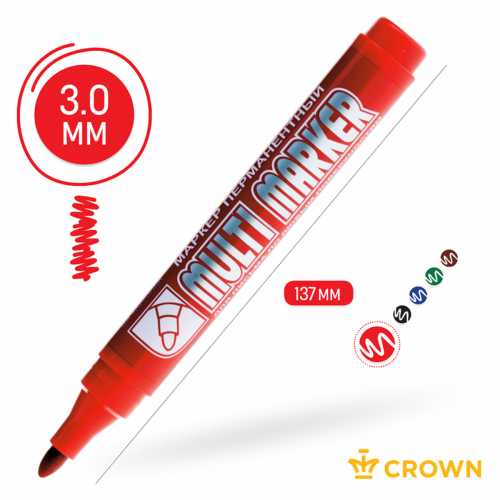 Маркер перманентный CROWN Multi Marker, КРАСНЫЙ, круглый наконечник, 3 мм, CPM-800