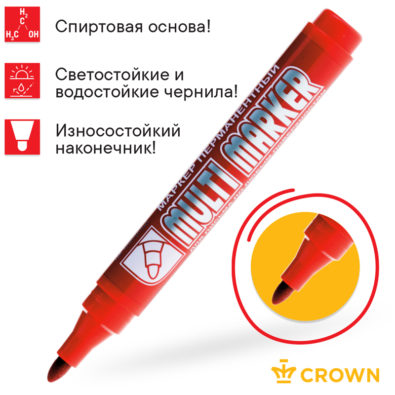 Маркер перманентный CROWN Multi Marker, КРАСНЫЙ, круглый наконечник, 3 мм, CPM-800