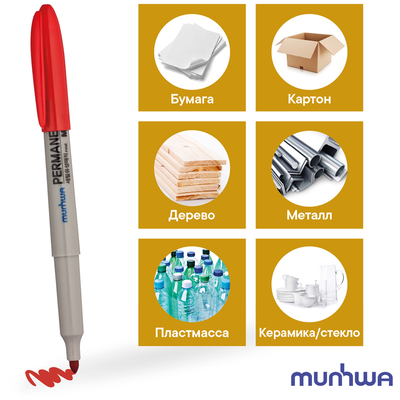 Маркер перманентный MunHwa красный, пулевидный, 1,5мм, FPM-03