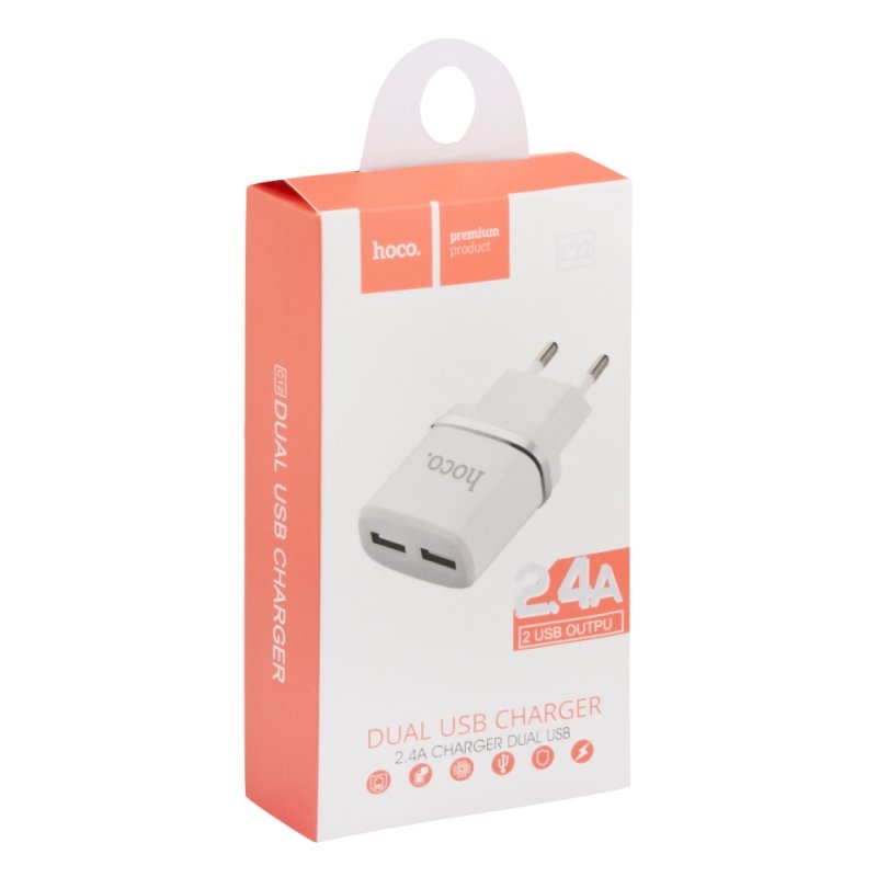 Зарядное устройство HOCO C12 2USB 2.4A (без кабеля) белый