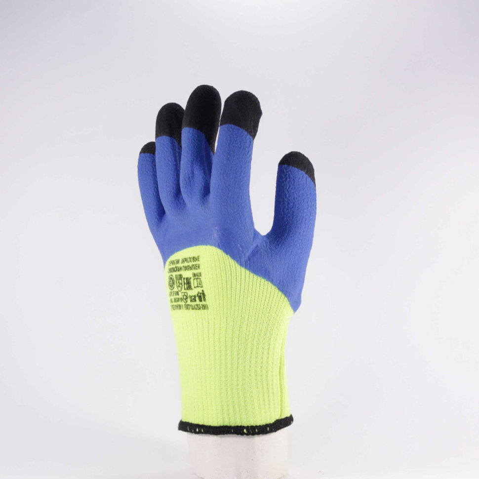 Перчатки облитые чёрно-синие на салатовом (-30) зимние, 1 пара