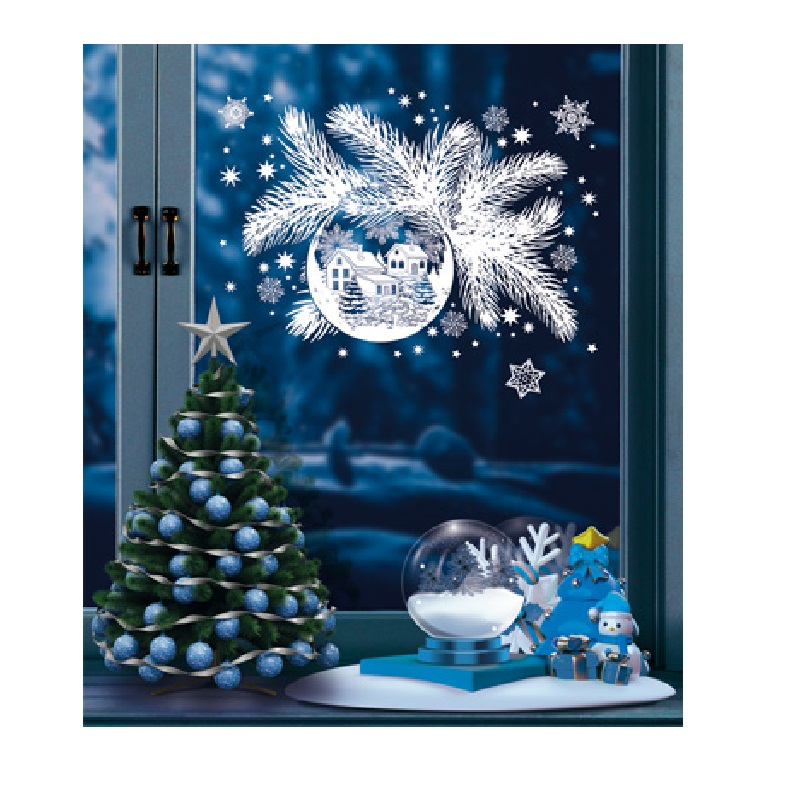 Витражная наклейка А4+, Новогодний шар на еловой ветке