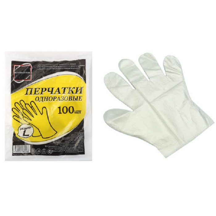Перчатки одноразовые полиэтиленовые, размер  L, 100 шт./уп, Континент