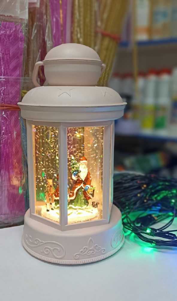 Новогодний Фонарь светильник декоративный, музыкальный с подсветкой и снегом, Дед мороз с оленем