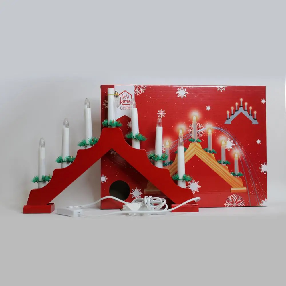 Светильник Горка рождественская деревянная на 7 свечей, красная