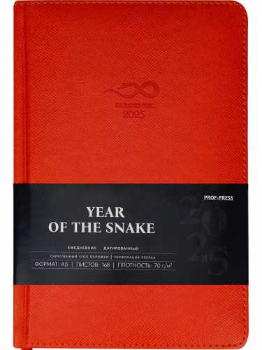 Ежедневник датированный 2025г, А5 168л. кожзам Year of Snake тиснение, красно-оранжевый