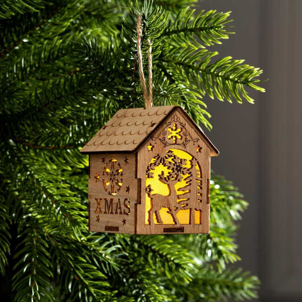 Ёлочная игрушка деревянный Домик, от батареек, свечение тёплое белое Ассорти