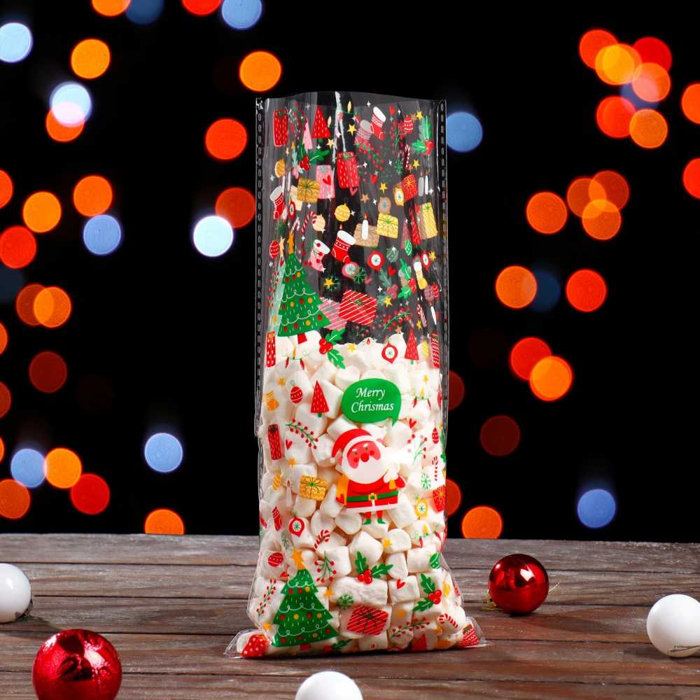 Пакет подарочный Дед мороз с подарками, прозрачный, 13*27 см