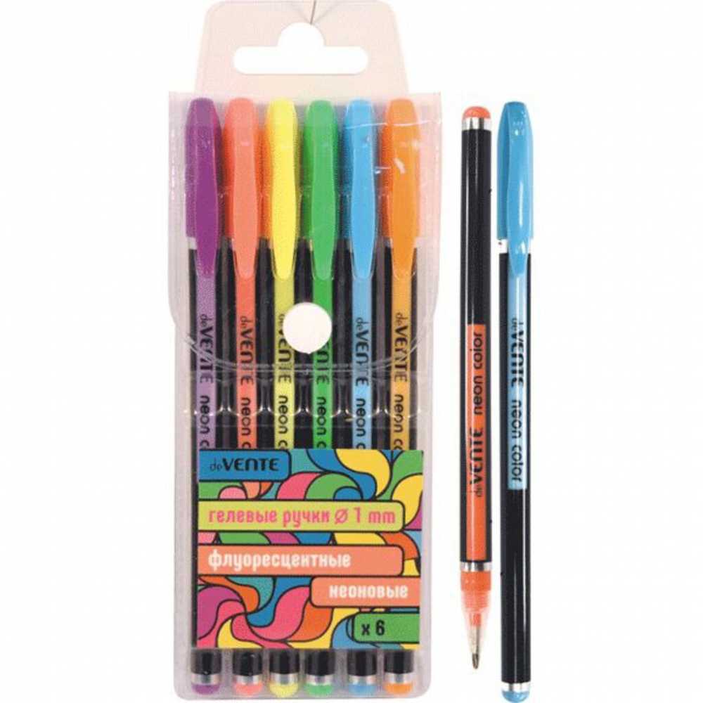 Набор гелевых ручек deVENTE 6 цветов Neon Black 1мм, черный корпус, чернила НЕОН