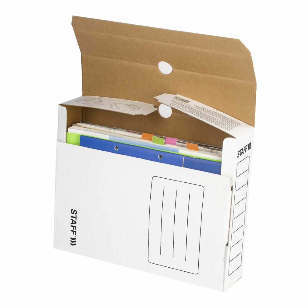 Короб архивный с клапаном А4 (260х325 мм), 75 мм, до 700 листов, микрогофрокартон, БЕЛЫЙ, STAFF