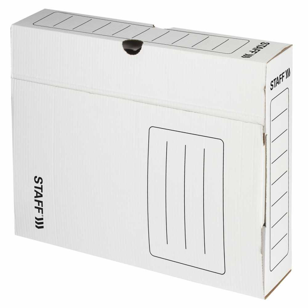 Короб архивный с клапаном А4 (260х325 мм), 75 мм, до 700 листов, микрогофрокартон, БЕЛЫЙ, STAFF
