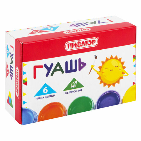 Гуашь ПИФАГОР СОЛНЫШКО, 6 цветов по 25 мл