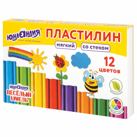 Пластилин мягкий ЮНЛАНДИЯ ВЕСЕЛЫЙ ШМЕЛЬ, 12 цветов, 180 г, со стеком