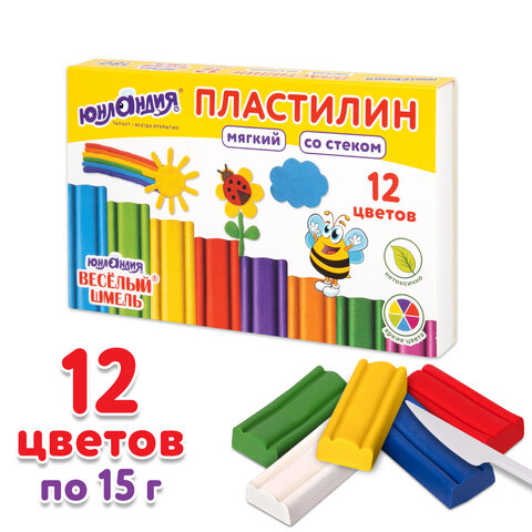 Пластилин мягкий ЮНЛАНДИЯ ВЕСЕЛЫЙ ШМЕЛЬ, 12 цветов, 180 г, со стеком