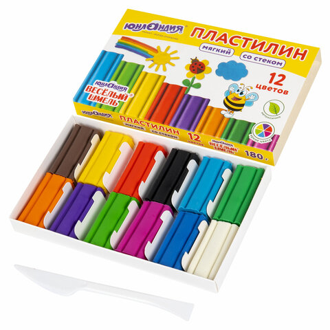 Пластилин мягкий ЮНЛАНДИЯ ВЕСЕЛЫЙ ШМЕЛЬ, 12 цветов, 180 г, со стеком