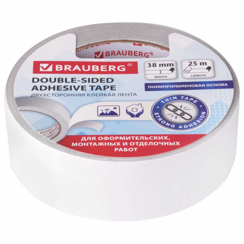 Клейкая двухсторонняя лента 38 мм х 25 м, полипропиленовая основа, 90 микрон, BRAUBERG