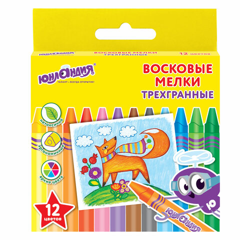 Восковые мелки трехгранные ЮНЛАНДИЯ ЮНЛАНДИК И МУДРЫЙ ЛИС, НАБОР 12 цветов