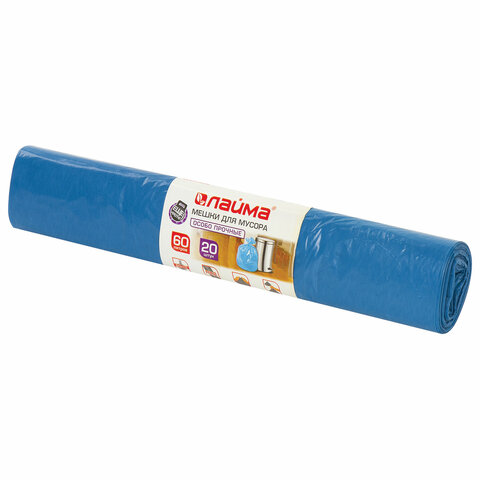 Мешки для мусора 60 л синие в рулоне 20 шт. особо прочные, ПВД 30 мкм, 60х70 см, LAIMA