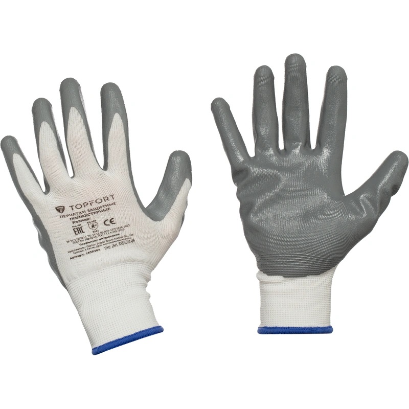 Перчатки рабочие защитные TOPFORT полиэфирные с нитриловым покрытием белые (13 класс, размер 9 (L))