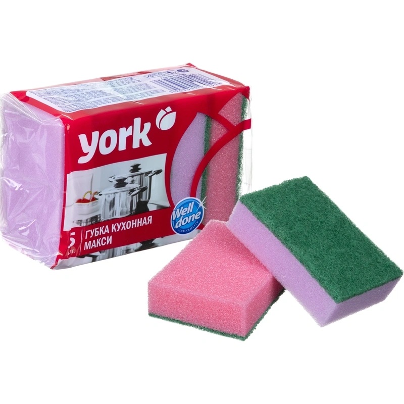 Губка для посуды York Макси поролон 10x7 см с абразивным слоем (5 штук в упаковке)