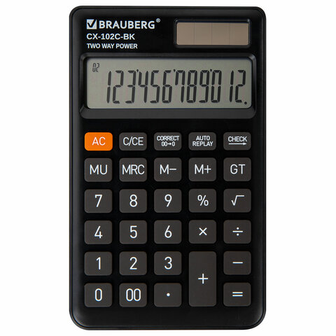 Калькулятор карманный BRAUBERG CX-102C-BK (76x126 мм), 12 разрядов, двойное питание, черный