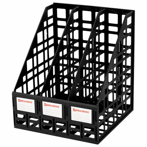 Лоток вертикальный для бумаг BRAUBERG "ULTRA", 240 мм, 3 отделения, сетчатый, сборный, черный