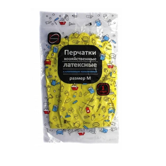 Перчатки хозяйственные латексные с хлопковым напылением, размер M, КонтинентПак