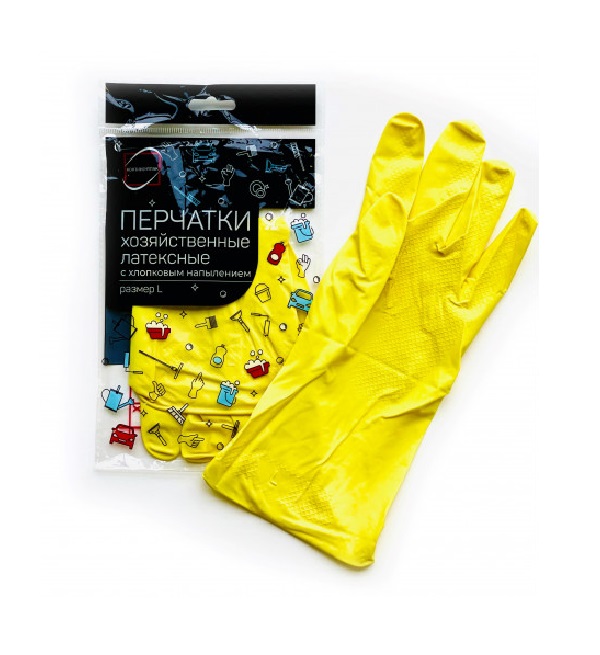 Перчатки хозяйственные латексные с хлопковым напылением, размер L, КонтинентПак