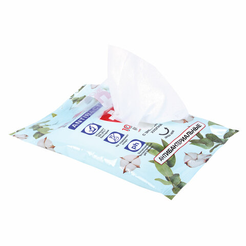 Салфетки влажные 15 шт., АНТИБАКТЕРИАЛЬНЫЕ, с экстрактом хлопка, LAIMA Antibacterial