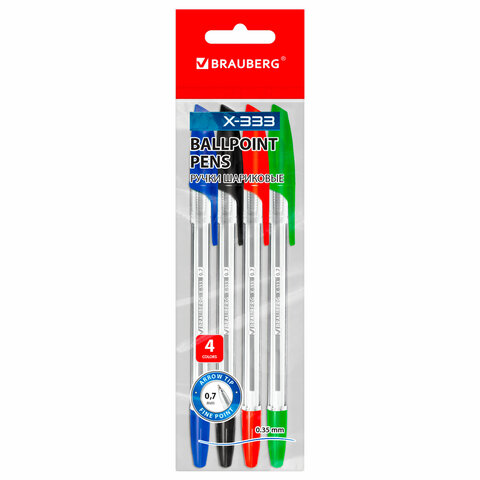 Ручки шариковые BRAUBERG X-333, НАБОР 4 цвета, узел 0,7 мм, линия 0,35 мм