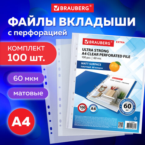 Папки-файлы перфорированные А4 BRAUBERG МАТОВЫЕ EXTRA 600, КОМПЛЕКТ 100 шт., ПЛОТНЫЕ