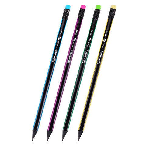 Карандаш чернографитный BRAUBERG VIVID, 1 шт., HB, с ластиком, корпус ассорти